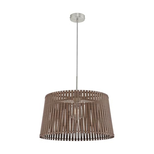 EGLO Sendero Pendant Light, Boho Pendant Light Made of Steel in Matt Nickel, Wood in Dark Brown, Dining Table Lamp Natural, Living Room Lamp Hanging with E27 Socket, Diameter 45 cm
