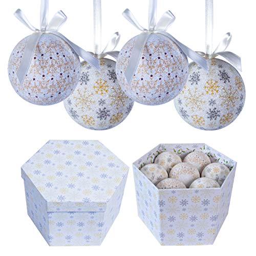 The Christmas Workshop Set of 14 Christmas Baubles/Various Festive Designs/Gift Boxed Christmas Tree Decorations / 7.5cm Diameter Baubles (White & Gold Snowflake and Icicles)