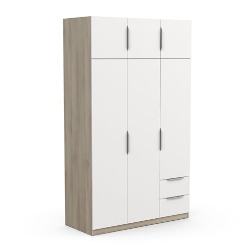 Demeyere 391386 Armadio Guardaroba Moderno con 6 Ante e 5 Ripiani a 2 cassetti – Colore Rovere Kronberg e Bianco Opaco, 119,4 x 51,1 x 203 cm, Legno ingegnerizzato, Grigio