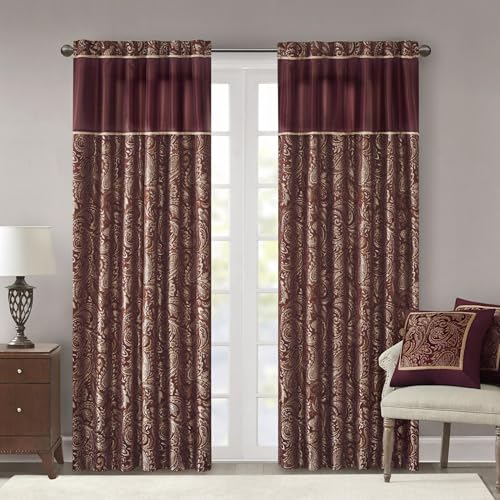 Madison Park Aubrey 2 Panel Curtain Faux Silk Paisley Jacquard, Rod Pocket Curtain for Living Room, Kitchen, Room Darkening Window Drape for Bedroom and Dorm, 2-PK 50x95, Burgundy