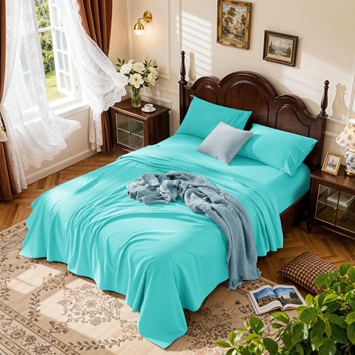 "LBRO2M 100% Cotton Sheets Set Deep Pocket 19"", 1000 Thread Count King Size 4 Piece Bed Sheet Sets Soft Comfortable Bedding All Season (King, Lake Green)"