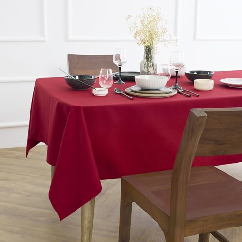 Solino Home Scarlet Red Tablecloth 60 x 120 Inch - Dru Cotton Linen Table Cloth for Rectangular Tables - Machine Washable Cloth Tablecloth for Christmas, New Year