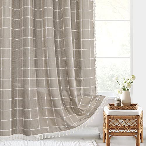 Gibelle Long Shower Curtain 72 x 78, Tall Boho Farmhouse Tassel Shower Curtain, Rustic Country Aesthetic Waffle Chic Textured Bathroom Curtains Shower Set with Hooks, Taupe