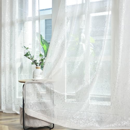 TERLYTEX Silver Taupe Sheer Curtains 63 Inch Length for Bedroom, Metallic Silver Spray Spots Light Filtering Shimmer Curtains, Rod Pocket Privacy Sheer Window Sparkle Curtain 2 Panels, 52 x 63 Inch