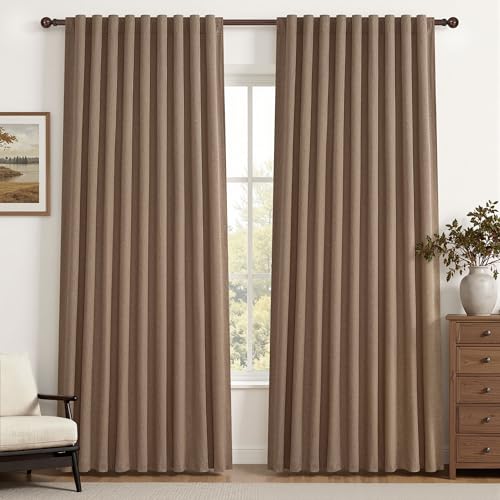 "Rust Brown Blackout Curtains 60 Inches Extra Wide Linen 84 Inch Length for Living Room, Pleated Farmhouse Bedroom Chocolate Thermal Drapes for Winter Thick Large Window 60""W x 84""L 2 Panels"