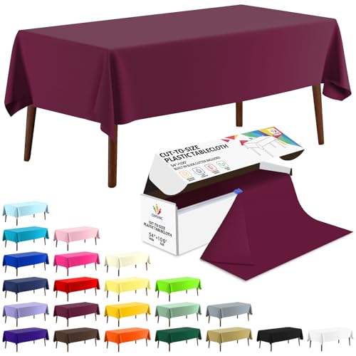 CXPSINC 54 Inch X 100 Feet Plastic Table Cover Roll Disposable Tablecloth with Slide Cutter for All Type/Shape Tables - Party, Banquet, Birthdays, Weddings(Burgundy, 100 Feet)