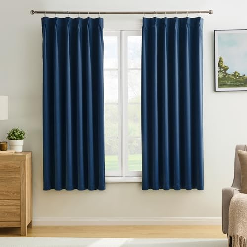 KEQIAOSUOCAI Navy Pinch Pleated Curtains Blackout 40x72 2 Panels