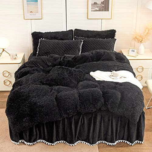 LIFEREVO Luxury Plush Shaggy Duvet Cover Set, Soft Velvet Fluffy Furry Duvet Cover Set(1 Faux Fur Fuzzy Comforter Cover + 1 Pom-poms Pillow Sham)Solid Bedding Set, Zipper Closure(Twin/Twin XL, Black)
