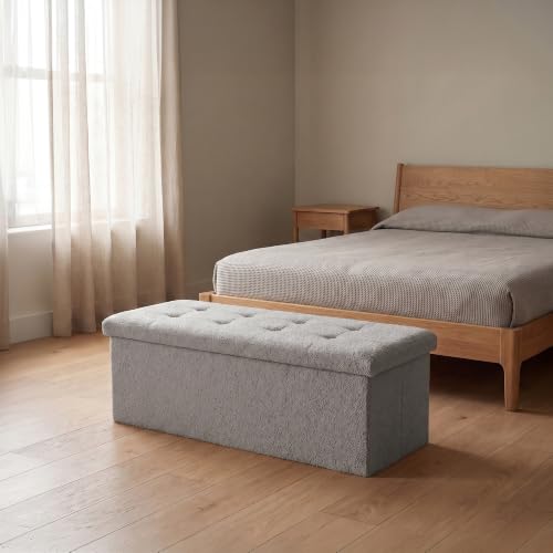 GC GAVENO CAVAILIA Extra Large Ottoman Storage Box With Lids, Grey - Comfortable Fabric Foldable Storage Bench Blanket Box - Storage Footstool For Living Room, Hallway, Bedroom, 110x38x38cm