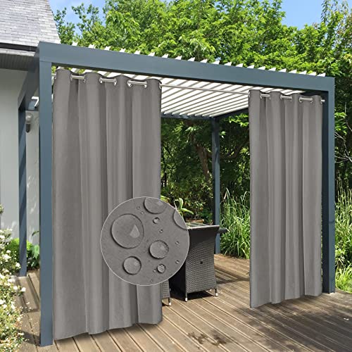 Easy-Going 100% Waterproof Outdoor Curtains 54x108 inch, Grey - Windproof Weatherproof Premium Thick Outdoor Privacy Grommet Top Panels for Patio, Gazebo and Pergola 2 Panels