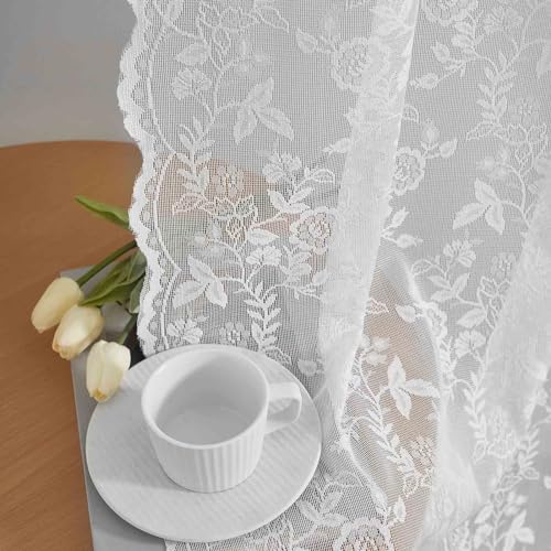 FINECITY White Lace Curtains 54 Inch Length for Bedroom - Country Rustic Branch Floral Pattern Lace Sheer Curtains 2 Panels Set, Privacy Scalloped Vintage Lace Window Curtains, 52 x 54 Inch, White