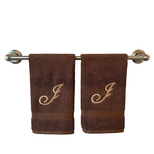 Brown Monogrammed Hand Towels for Bathroom - Luxury Hotel Quality Personalized Initial Embroidered Towel for Powder Room, Spa - GOTS Organic Certified - Set of 2 Beige Letter J