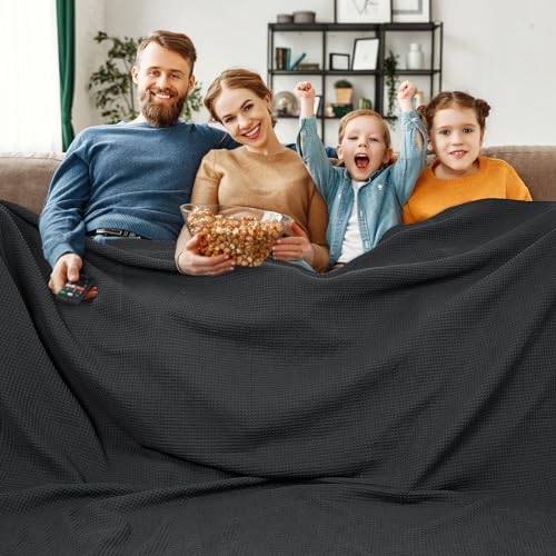 "PHF 100% Cotton Waffle Weave Blanket California King Size 120""x 120"" - Washed Soft Lightweight Breathable - 10'x10' Oversize Huge Extra Large for Couch Bed Sofa,Aesthetic Room Decor Gift - Black"