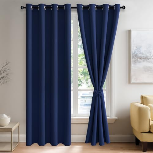 JIUZHEN Navy Blue Blackout Curtains with Tiebacks Thermal Insulated, Light Blocking and Noise Reducing Grommet Curtains for Bedroom and Living Room, Set of 2 Window Curtain Panels, 52 x 90 Inch Length