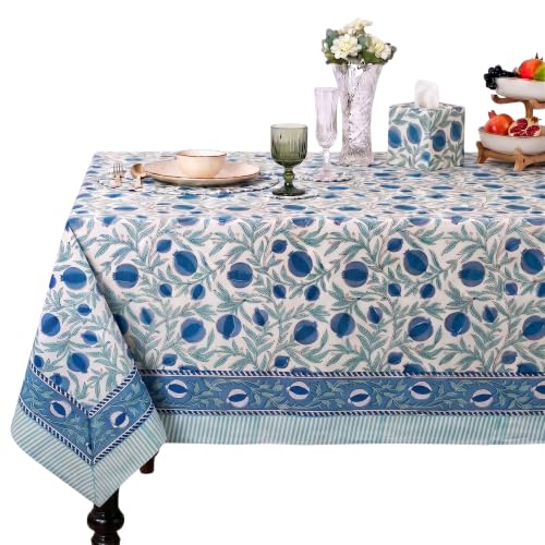 "Ridhi Queen Blue Hand Block Print Cotton Rectangle Tablecloth 90"" x 60"" inches Reusable Table Cover Decorative Everyday Use for Dining Room, Farmhouse, Home Gift for Spring, Mother's Day"