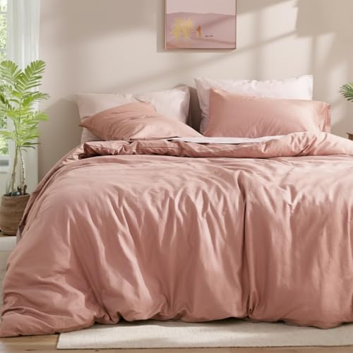 Cozaline 100% Cotton Comforter Set Queen Size ??? Red Pink, Linen-Like Texture, Super Soft & Breathable Lightweight Bedding Set, 3-Piece Durable Percale Comforter for All Seasons