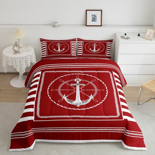 Feelyou Anchor Decor Comforter Set Full Size Nautical Themed Bedding Set for Boys Girls Teens Ocean Comforter Sea Adventure Duvet Set Red Quilt Set