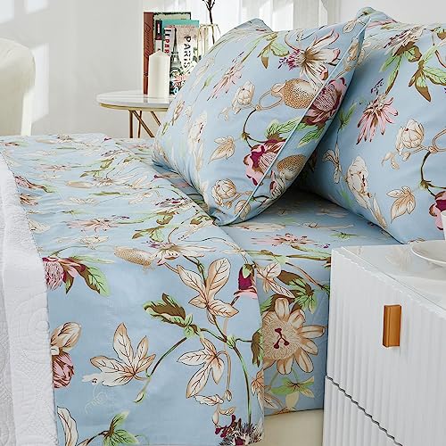 Brandream Floral Bedding Botanical Flower Farmhouse King Size Sheets Set Luxury Bedding Collections 800 Thread Count 100% Egyptian Cotton Deep Pocket, 4 Piece Blue