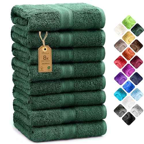 NatureMark 8 Hand Towels Set - 100% Cotton - Soft and Absorbent Bathroom Towels, Durable and Comfortable, Size 50 x 100 cm, Dark Green
