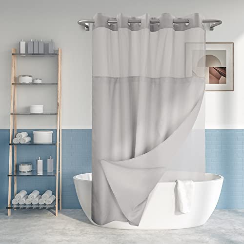 "Long No Hook Slub Textured Shower Curtain with Snap-in PEVA Liner Set - 71"" x 77""(75""), Hotel Style with See Through Top Window, Grey Fabric Curtain & Waterproof Liner, Gray, 71x77"