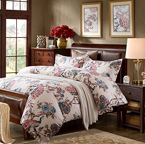 Eikei Oriental Garden Majestic Peacock Bird Floral Duvet Cover Chinoiserie Chic Asian Style Blooming Trees Vines and Branches Long Staple Cotton 3pc Bedding Set (Creamy White, King)
