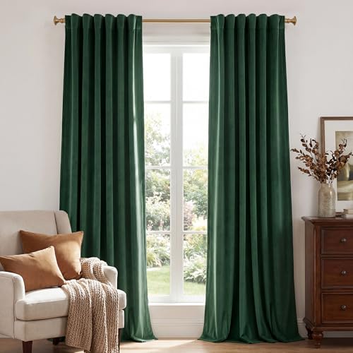 StangH Extra Long Velvet Curtains for Christmas Backdrop 10 ft, Dark Green Back Tab Thermal Heat & Chill Resistant Window Drapes for Theater/Sliding Door/Hotel, W52 x L120, 2 Panels