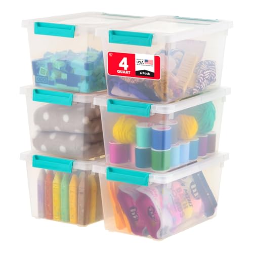 IRIS USA Storage Bins with Lids for Craft Storage, 6-Pack, 4.3 Qt Plastic Stackable Sensory Bin Organizer Container Clip Box for Art Craft Scrapbook Home Office Stationery Journaling Supplies, Clear