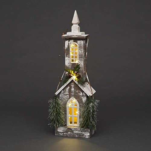 Christmas Holiday Home Décor Battery Operated Wooden House Tabletop Centrepiece with Berries, Pines and 10 Small Warm White Bulbs, 52cm