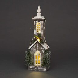 Christmas Holiday Home Décor Battery Operated Wooden House Tabletop Centrepiece with Berries, Pines and 10 Small Warm White Bulbs, 52cm