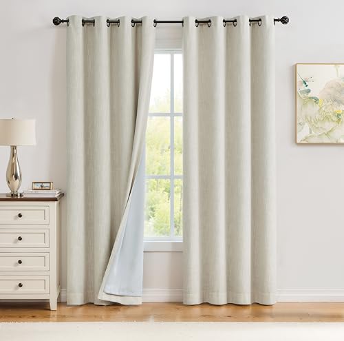 "Beige Solid Full Blackout Curtain Heavy Linen Texture Window Treatment for Bedroom Thermal Insulated Noise Reduction Drapes 8 Grommets Top for Living Room with Liner, Beige, 50"" x 84"", 2 Panels"