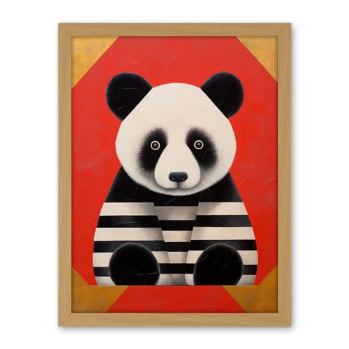 Artery8 Panda with Stripes Fun Kids Bedroom Baby Nursery Bright Bold Artwork Red Black White Artwork Framed Wall Art Print 18X24 Inch