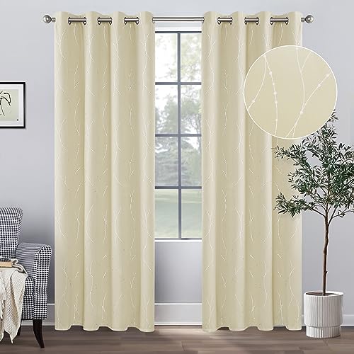 BUHUA Beige Blackout Curtain Panels, 84 Inches Long, Set of 2 - Thermal Insulated Curtains, Light Blocking Curtains with Floral Pattern (52 x 84 Inch Length, Beige, 2 Panels)