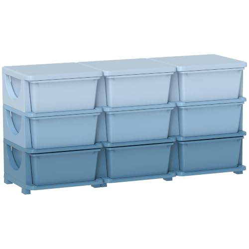 HOMCOM 9 Drawers Plastic Kids Storage Units 3 Tier Children Toy Chest Blue