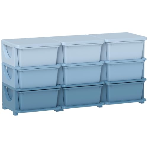 HOMCOM 9 Drawers Plastic Storage Units, 3 Tier Kids Storage Units, Children Toy Chest for Nursery, Playroom, Bedroom, Blue