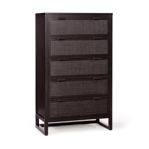 Teamson Home Hatteras 76 cm Wide Bedroom Dresser with 5 Rattan Inset Drawers, Mocha Brown Finish, Acacia Veneer Surfaces and Compact Everyday Storage,