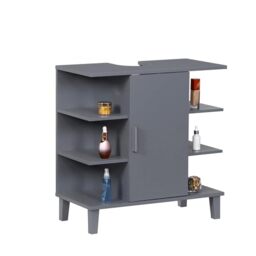 Relaxdays bathroom cabinet with door and 6 shelves, HWD: 65x64x31 cm, MDF, washbasin storage, blue-grey