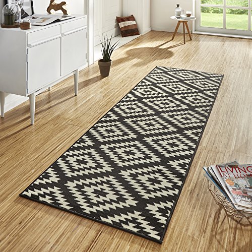Hanse Home Nordic Rug Runner, 80 x 250 cm, Soft Short Pile Rug, Modern Diamond Design Runner for Hallway, Bedroom, Children's Room, Bathroom, Living Room, Kitchen, Decorative Runner, Black