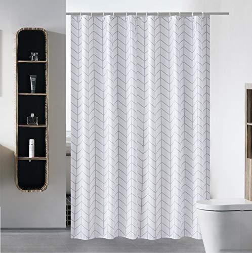 "S·Lattye Fabric Shower Curtain or Liner Water Repellent Washable Cloth (Hotel Quality, Friendly, Heavy Weight Hem) with White Plastic Hooks - 72"" x 78"", Long, White Arrow"