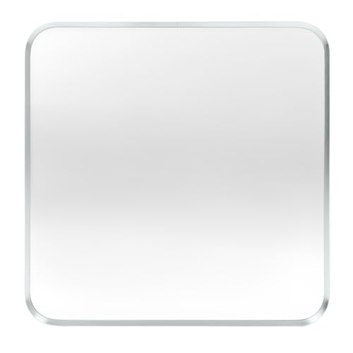 "Minuover Wall Mount Mirror for Bathroom, Brush Silver Metal Framed Rounded Corner Square Rectangular Vanity Mirror (30"" x 30"", Silver)"