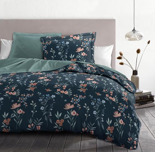 Duvet Cover Set 200 x 200 cm – 3 Pieces – Soft Cotton Percale – Duvet Cover + Pillowcases – Petrol Blue – Flamboyante Model