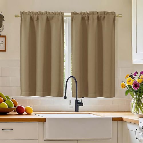 "Simplebrand Taupe Blackout Curtains 45 inch Length 2 Panels, Thermal Insulating Energy Saving Tiers Drapes with Rod Pocket, Small Window Drapes Black Out Bathroom Laundry Room RV, Each 30"" Wx45 L"