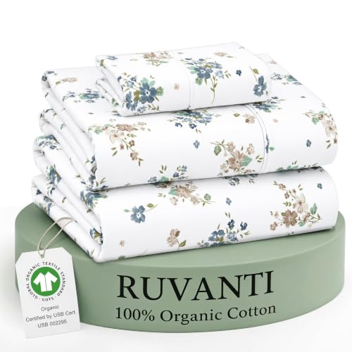 "Ruvanti 100% Organic Cotton Sheets - Twin XL Sheet Sets - 3 Piece Percale Weave Bedding, Crisp, Cooling & Breathable, Soft & Durable, 16"" Deep Pocket, Hotel Quality S??banas - Halcyon"