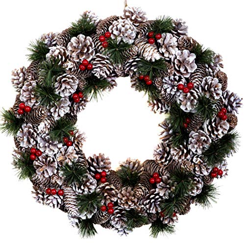 GreenBrokers Christmas Hanging Wreath 48cm - Festive Pine Cone Display with Subtle White Frosting