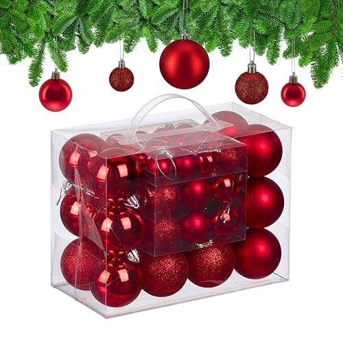 Relaxdays Christmas Baubles, Set of 50, Tree Ornaments, Holiday Decorations, Plastic, Glittery, Matte & Shiny, Red