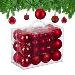 Relaxdays Christmas Baubles, Set of 50, Tree Ornaments, Holiday Decorations, Plastic, Glittery, Matte & Shiny, Red