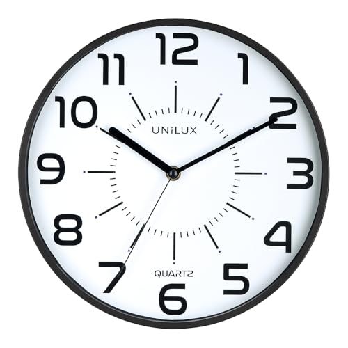Unilux Pop Wall Clock, 30.5 cm Quartz Clock with Silent Ticking, Dual Display, High-Visibility Dial, Glass Front, Black – Office, School & Home