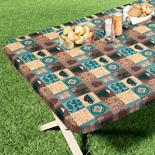 "homing Rectangle Printed Fabric Tablecloth, Elastic Fitted Table Cloth for 6 Foot Table, Washable Polyester Table Cover for Outdoor, Picnic, Camping and Indoor, (Coffee Cup, 30"" x 72"")"