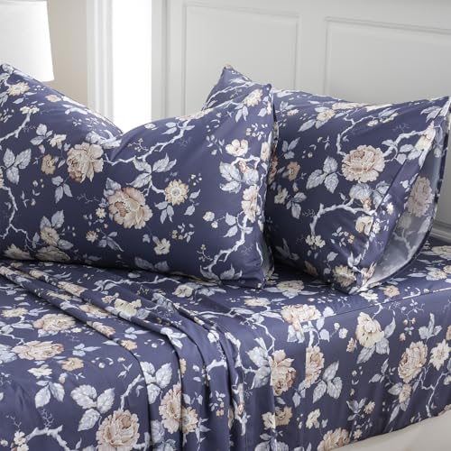 Zusbest Navy Blue Floral Bed Sheets Set - California King Percale Cotton Shabby Rustic Peony Flower Print Dark Bed Sheets - Soft Breathable Classic Vintage Bedding 4 Pcs Deep Pocket Sheet Set