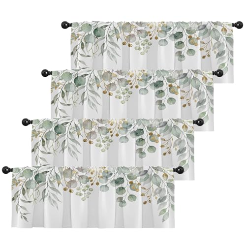 Emvency 4 Pack Valances Window Treatments, Green Eucalyptus Leaves Summer Blackout Adjustable Valances for Living Room Bathroom Bedroom Kitchen Over Sink, 18x52 Inch Rod Pocket Valances