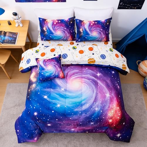 Btargot 6 Pieces Galaxy Space Comforter Set for Kids Boys Girls, Outer Space Nebula and Planets Pattern Bedding Set, Full Dark Purple